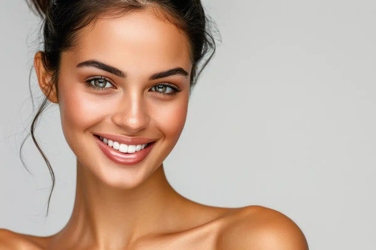 Happy attractive confident young adult or mid aged European woman posing for beauty aesthetic portrait