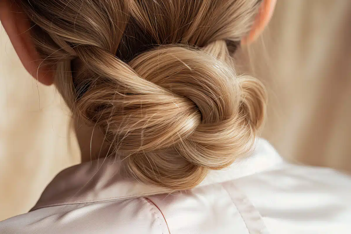Close up of woman with hair styled in elegant loose bun
