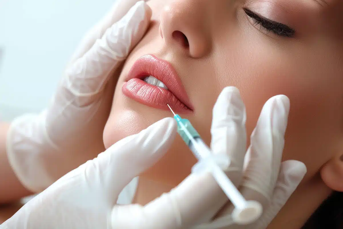 A woman has her lips injected with dermal filler during plastic cosmetic surgery