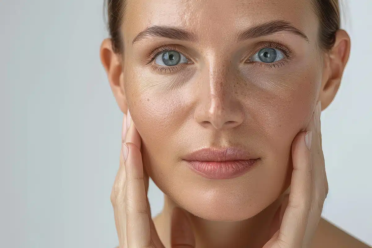 Beautiful woman face with natural skin and green eyes touching her face