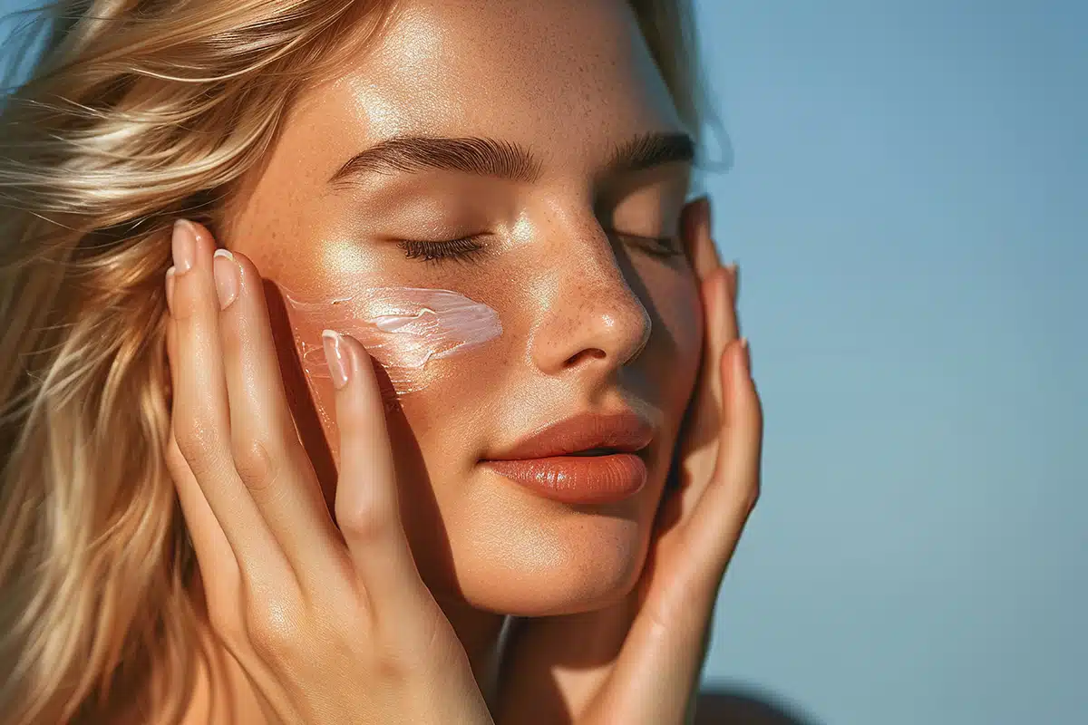 Blonde woman touching facial skin apply cream in sunny day