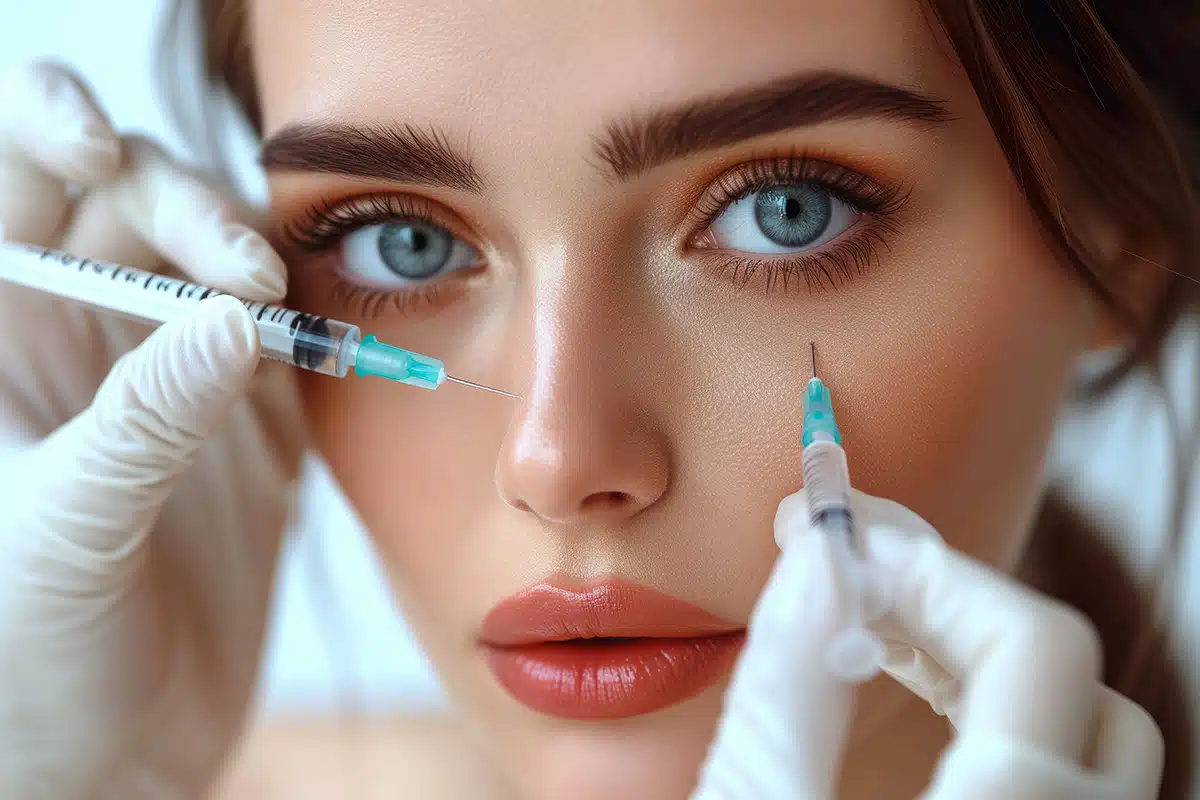 Cosmetic procedure with syringes around woman's face