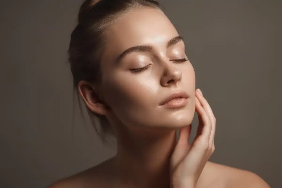 Woman with beautiful face touching healthy facial skin portrait